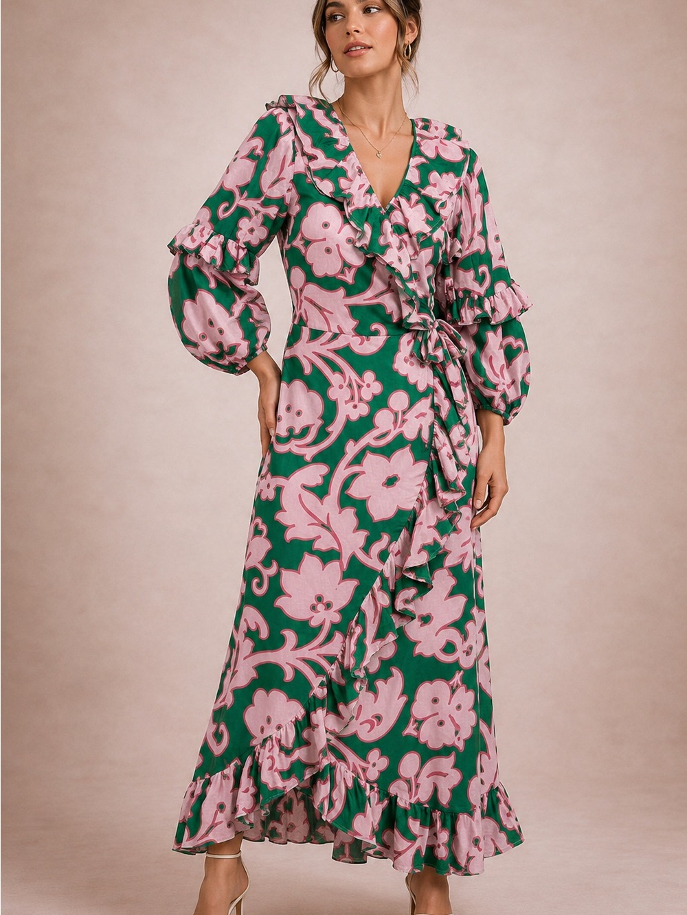 RHODE Pink Floral Wrap Maxi on Green